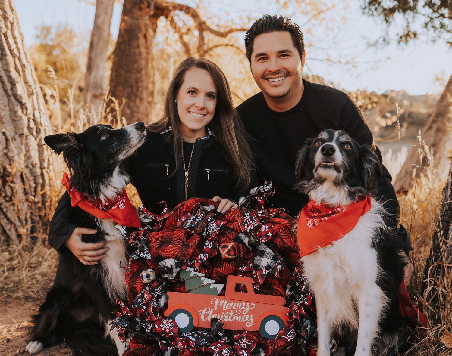 holiday mini session with couple and two dogs around holiday wreath