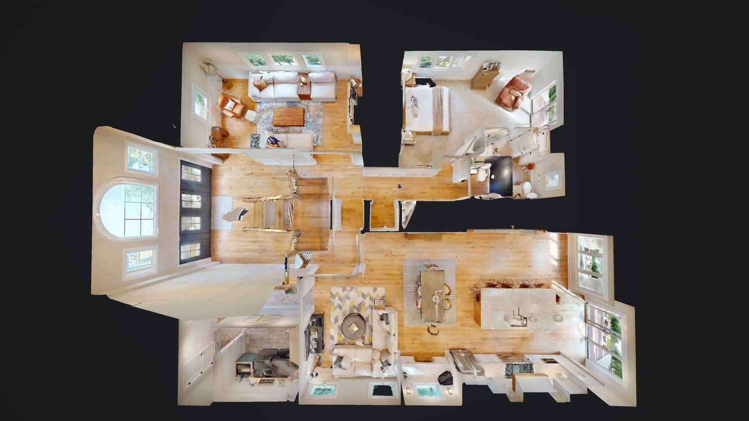 Aerial 3D floor plan view of a modern home interior layout showing multiple furnished rooms and living spaces.