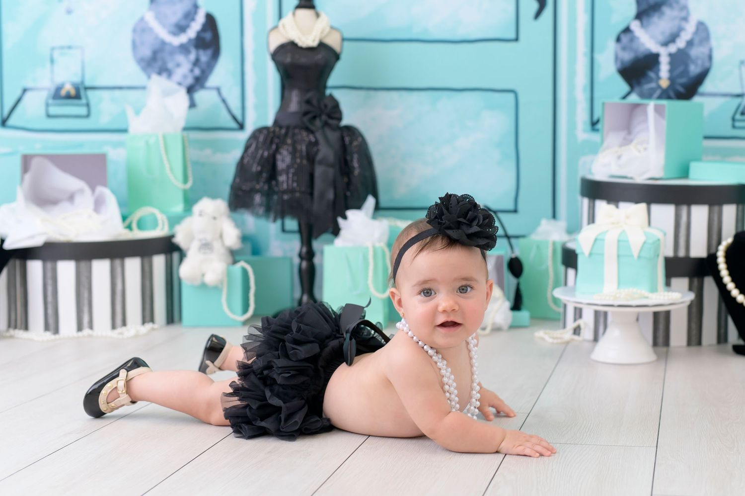baby girl in a breakfast at tiffany's set