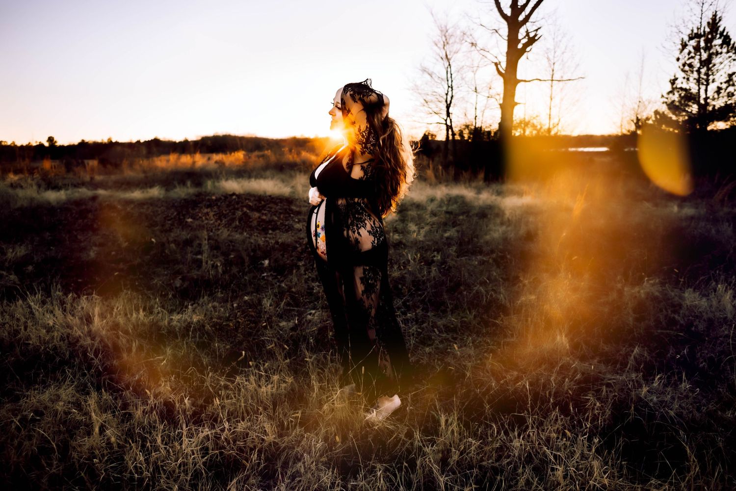 Atmospheric sunset photography with natural lens flares in a rustic field.