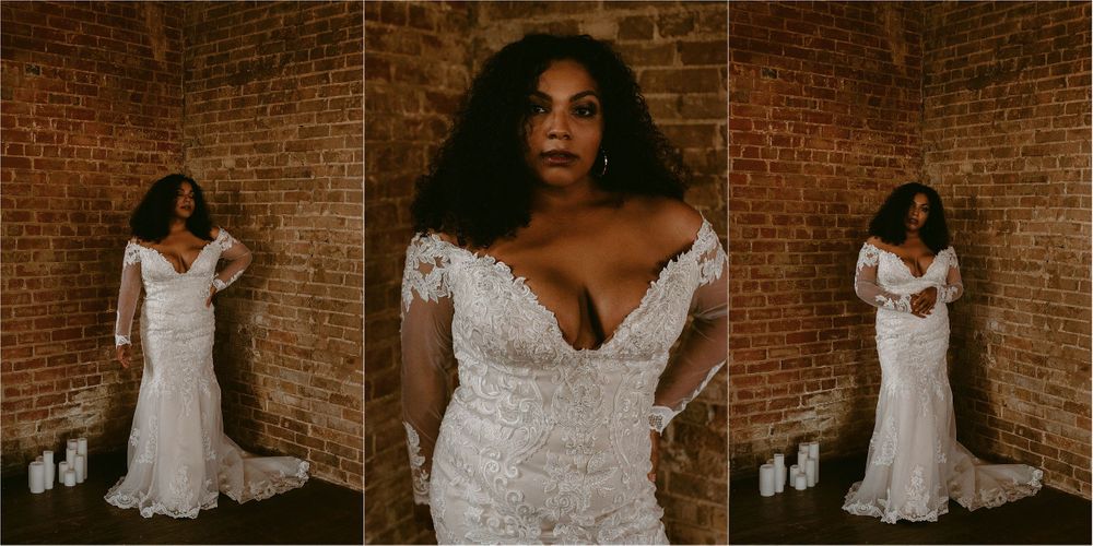 Three-panel photo of bride in lace wedding dress against industrial brick background.