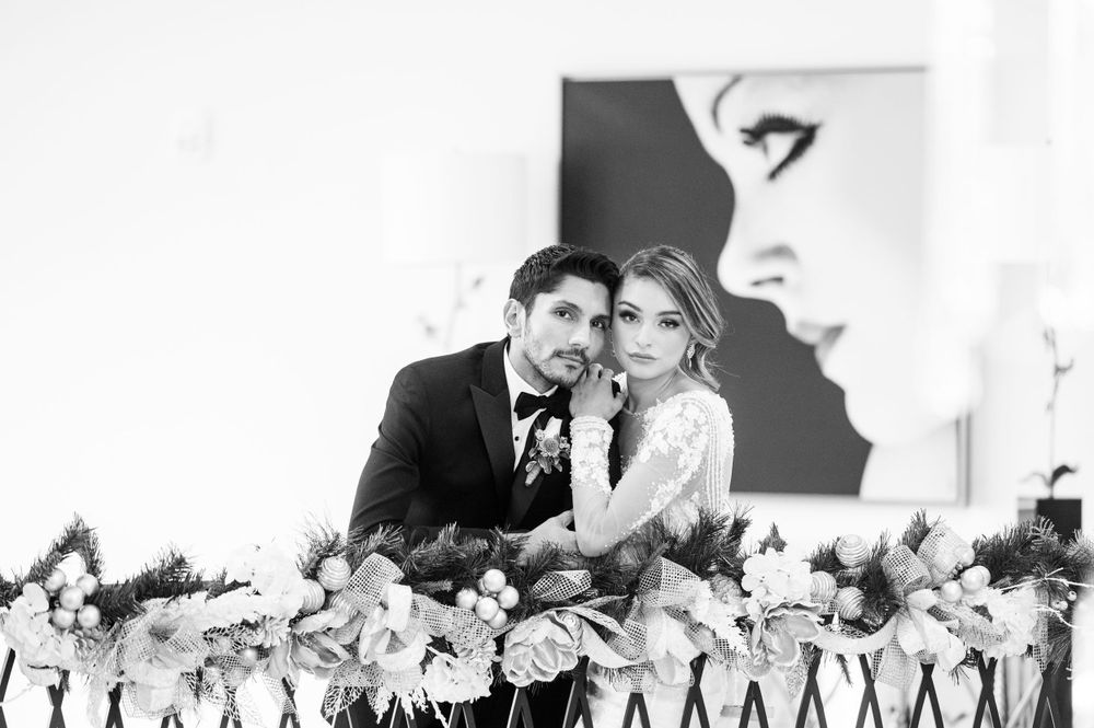 Stunning black and white image of the bride and groom at Water's Edge Centerport.