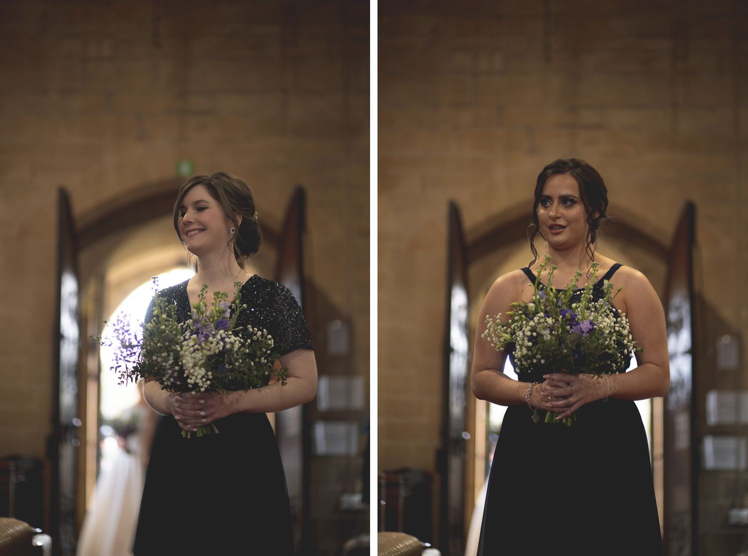 Two formal portraits of attendants holding floral bouquets in an ornate church interior.