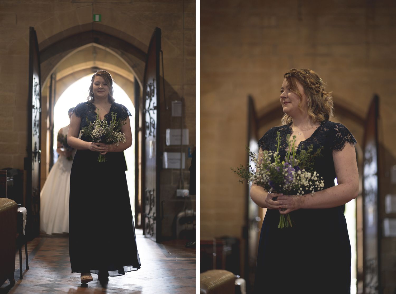 Side-by-side portraits of attendants in black dresses holding bouquets in a church setting.