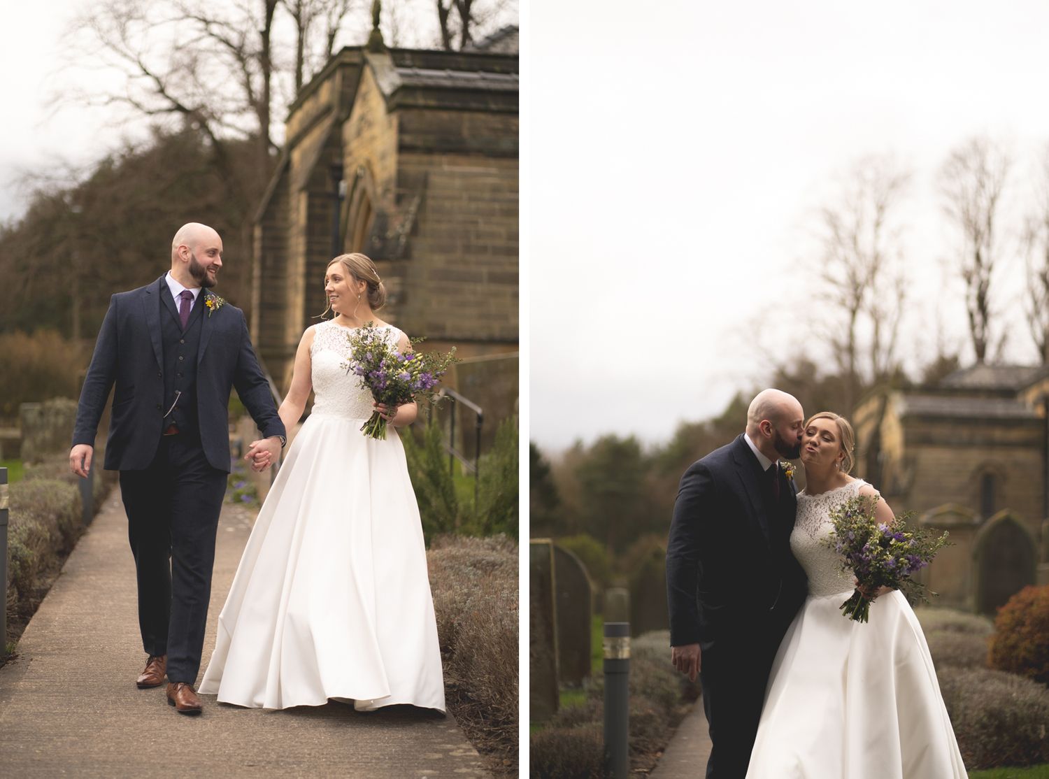 Side-by-side wedding portraits showing couple walking and embracing outside a stone church.