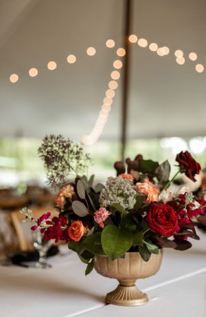Elegant floral centerpiece with red roses and string lights glowing in reception tent.
