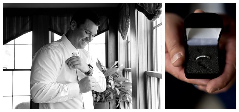 Black and white getting ready moments captured through window light.