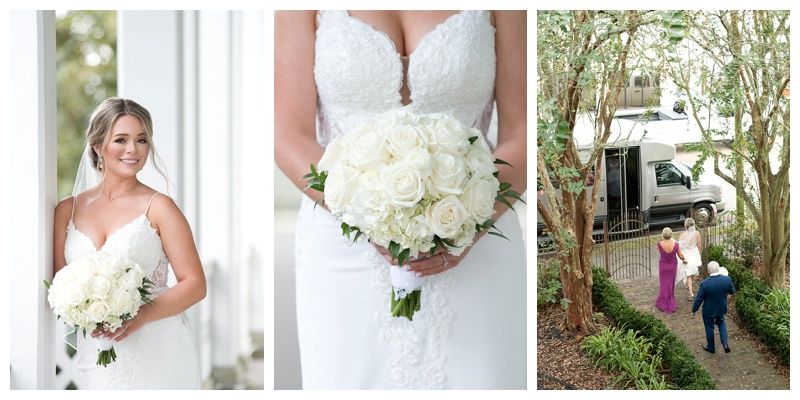 Elegant white bridal bouquets with roses and greenery arranged for a formal wedding.