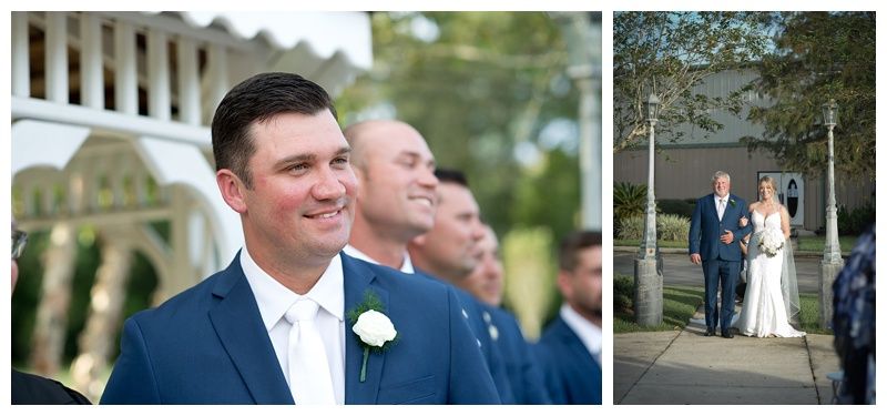 Wedding ceremony guests gather outdoors under trees for an intimate celebration.