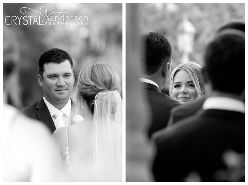 Black and white candid moments captured during an outdoor wedding ceremony.