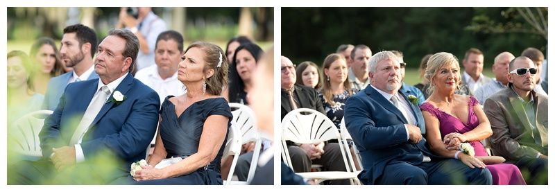 Wedding guests seated outdoors watching ceremony with joyful expressions.