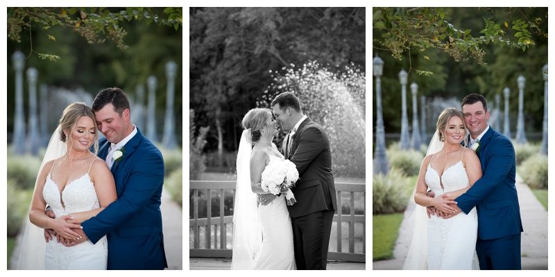Three-panel portrait series of couple embracing outdoors near white columns.