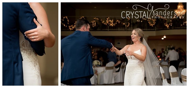 Couple enjoying energetic dance moves during wedding reception.
