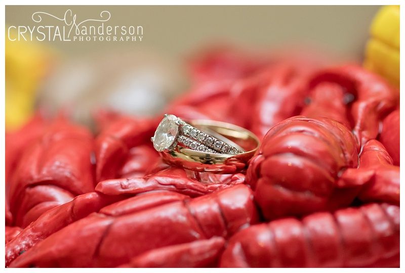 Wedding rings photographed artistically on red rose petals.