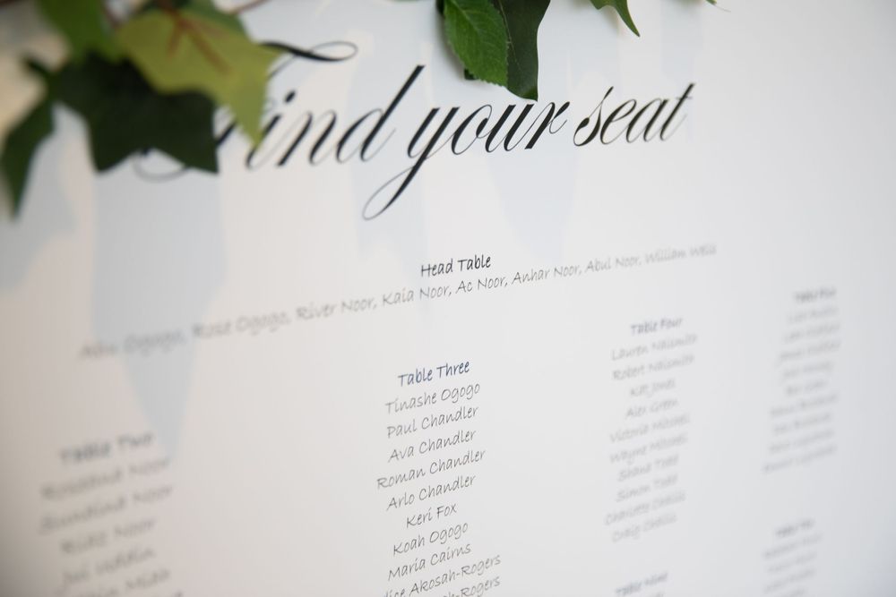Elegant wedding seating chart with calligraphy text and greenery decoration.