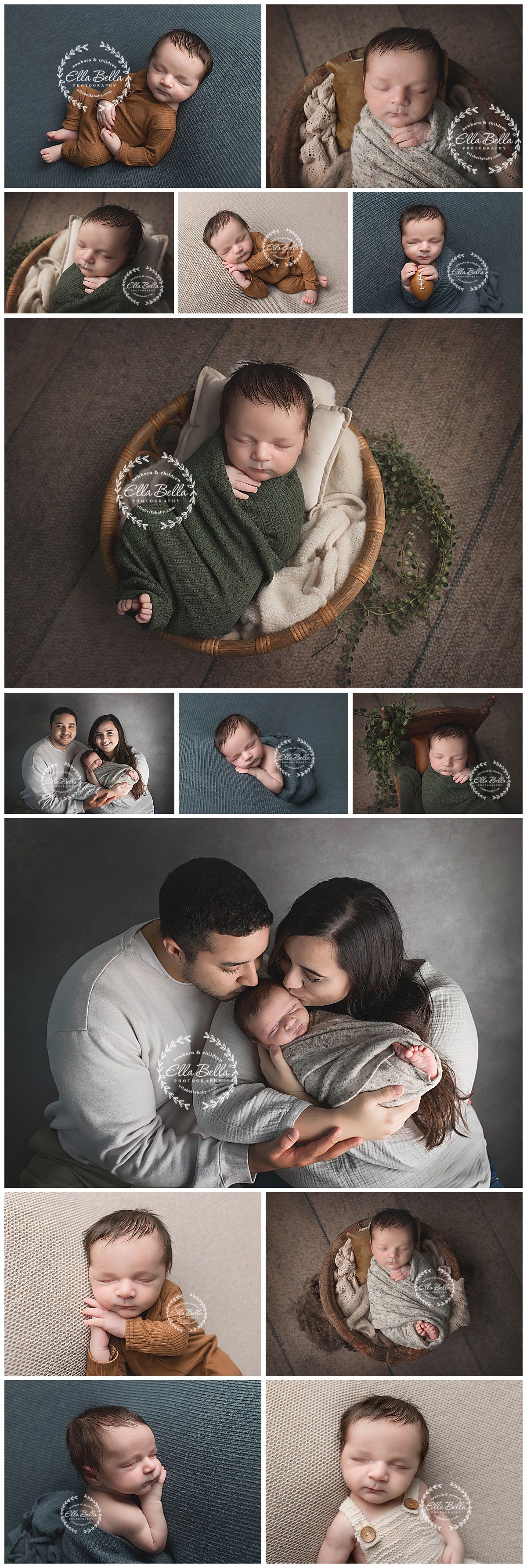 Professional newborn photo session with earth tones, studio poses and heartwarming family moments.