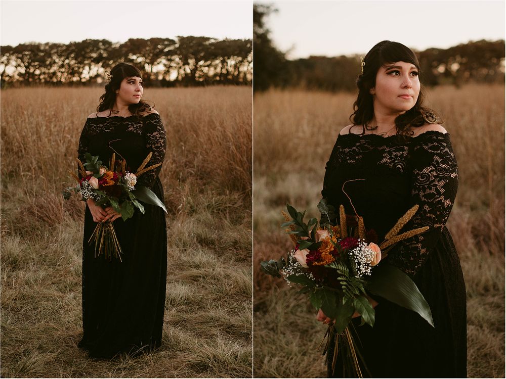 Split image of person in black lace dress holding autumn bouquet in field setting.