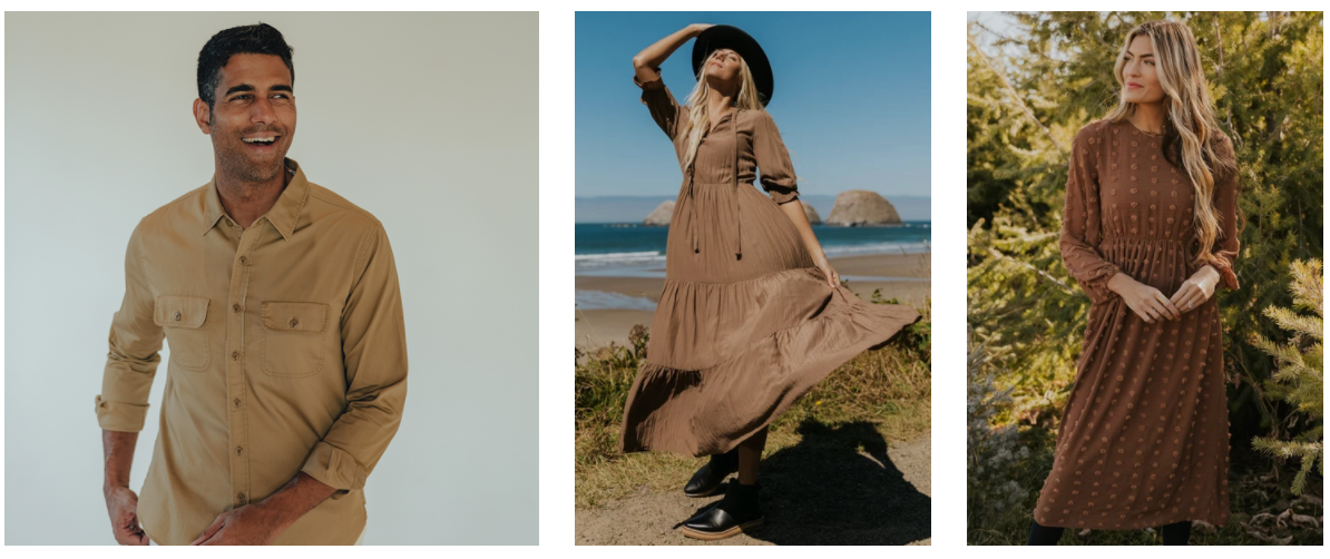Neutral-toned autumn fashion collection featuring casual shirts and maxi dresses in brown shades.