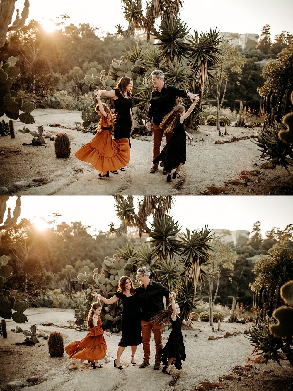 kids run around parents and twirl at cactus garden family session