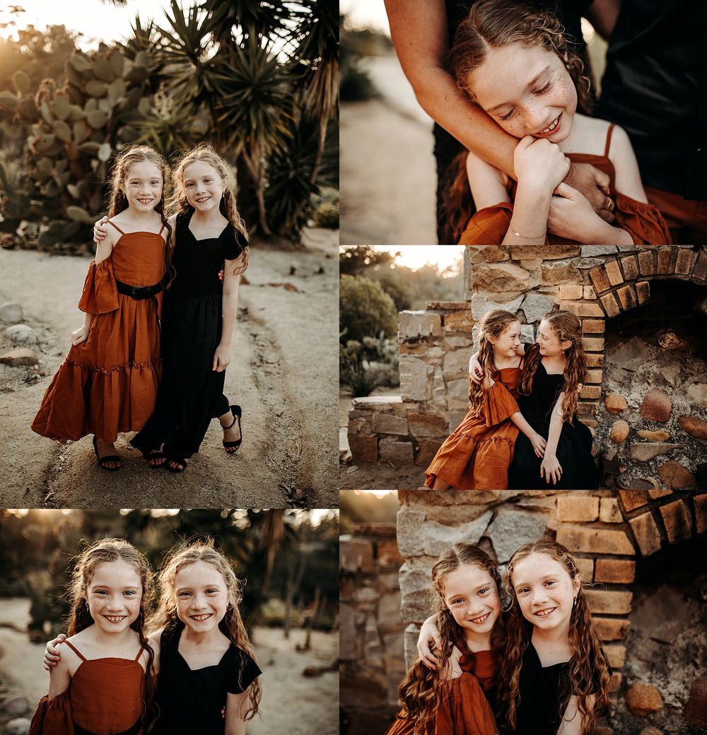 sisters hold hands in dresses at cactus garden family session