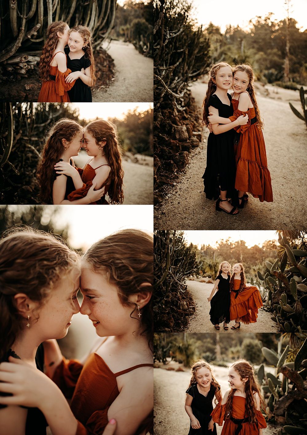 sisters hug each other and whisper in ears at cactus garden family session