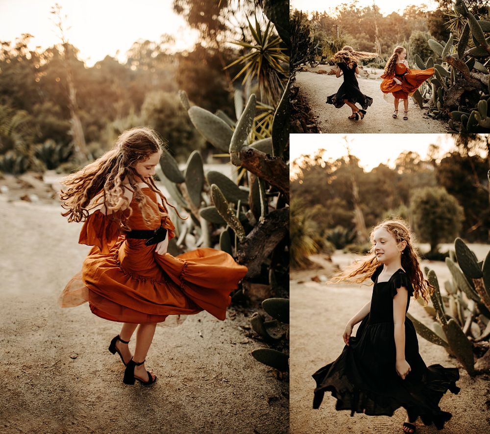 girls twirl in long skirts at cactus garden family session