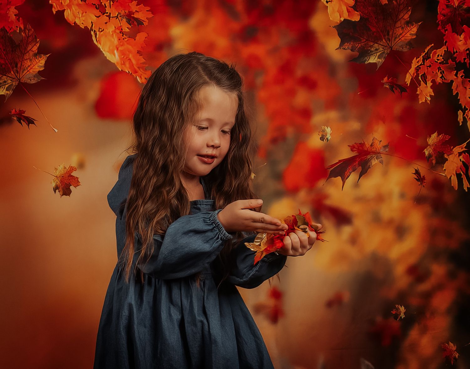 Artistic autumn scene with swirling orange leaves and magical fall lighting effects.