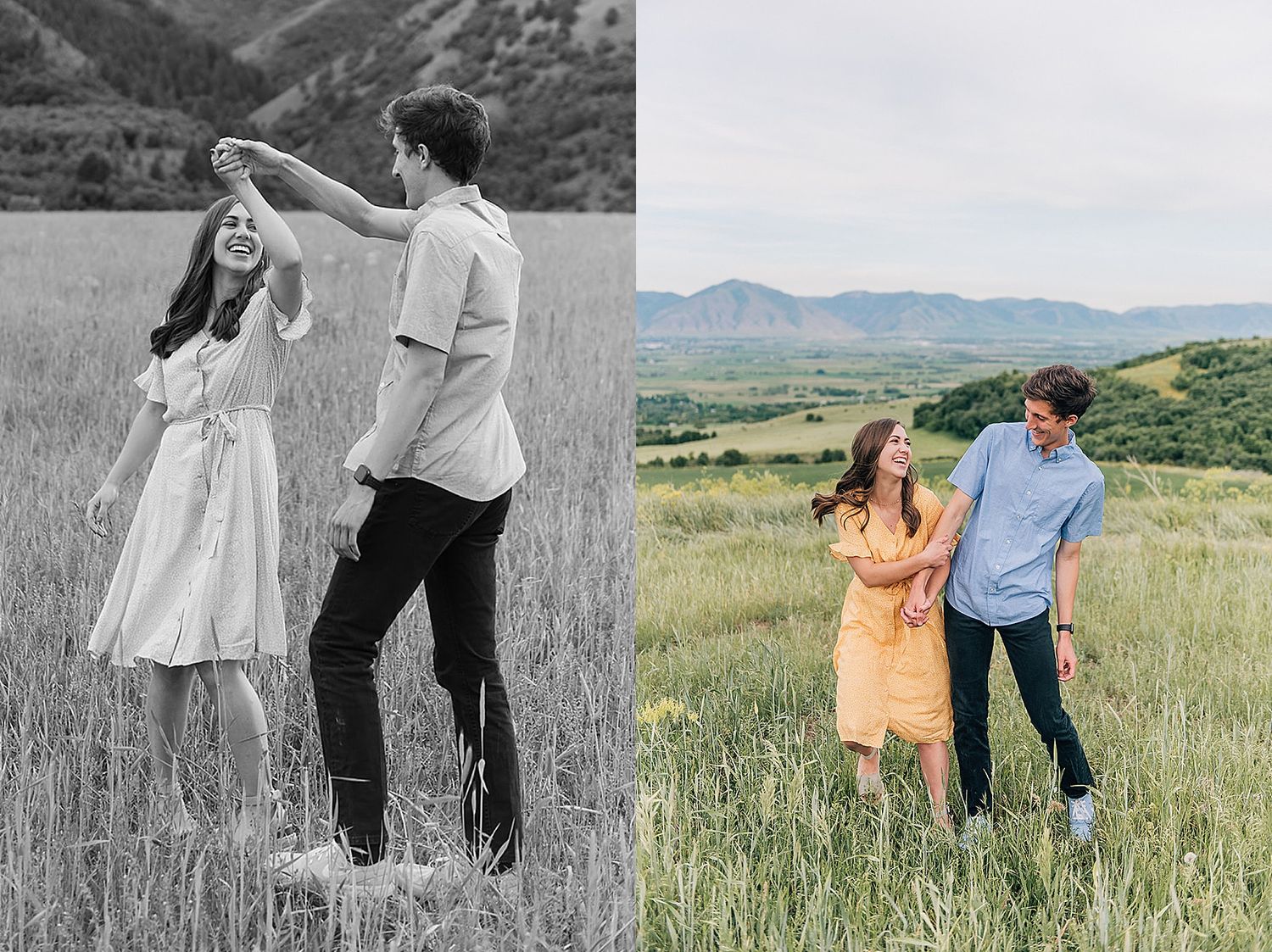 Side-by-side photos of couple dancing and posing in mountain meadow.