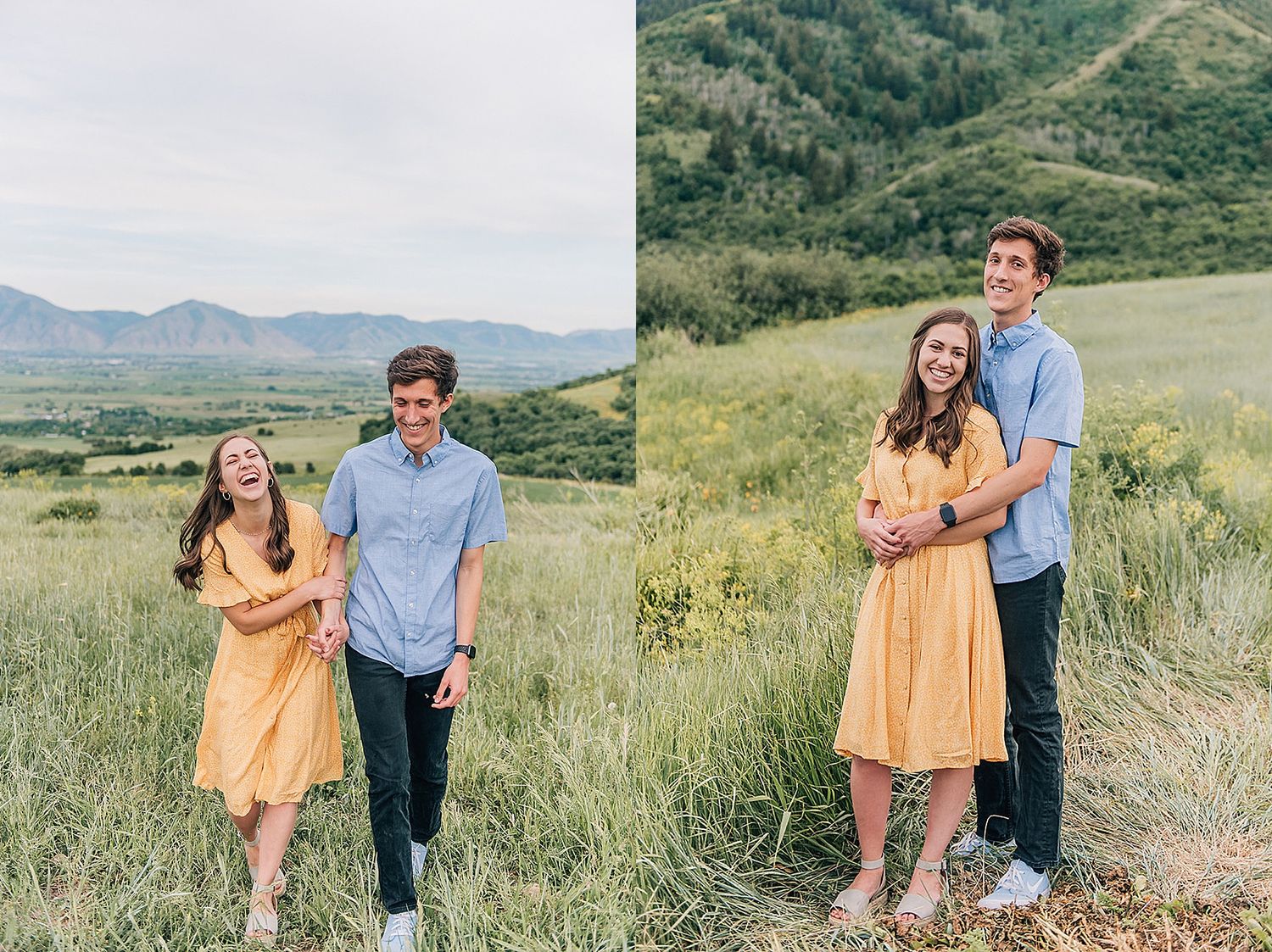 Four photos of couple in yellow dress and blue shirt posing in mountain meadow.