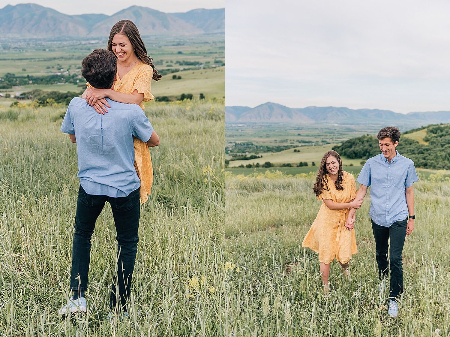 Split photo showing tender moments between couple in mountain grassland setting.