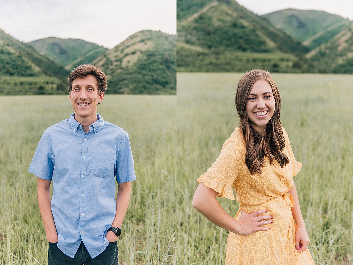A couple poses separately in a meadow with mountain views wearing blue and yellow outfits.