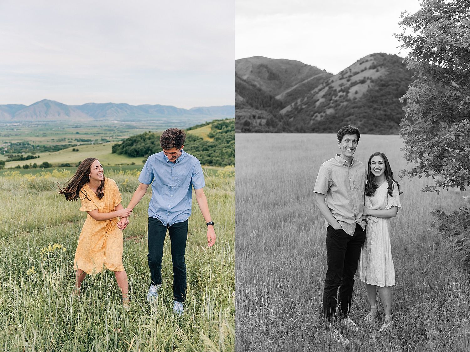 Engagement photos in a mountain meadow shown in color and black and white.