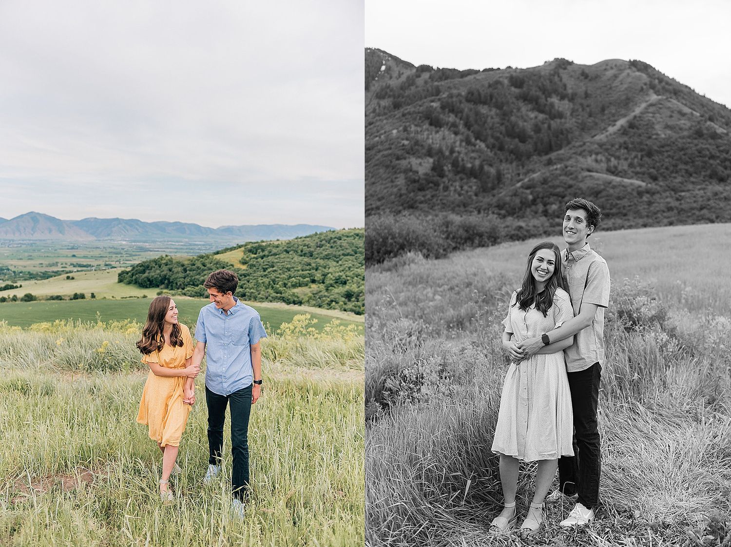 Side-by-side outdoor portraits in color and black and white with mountain scenery.