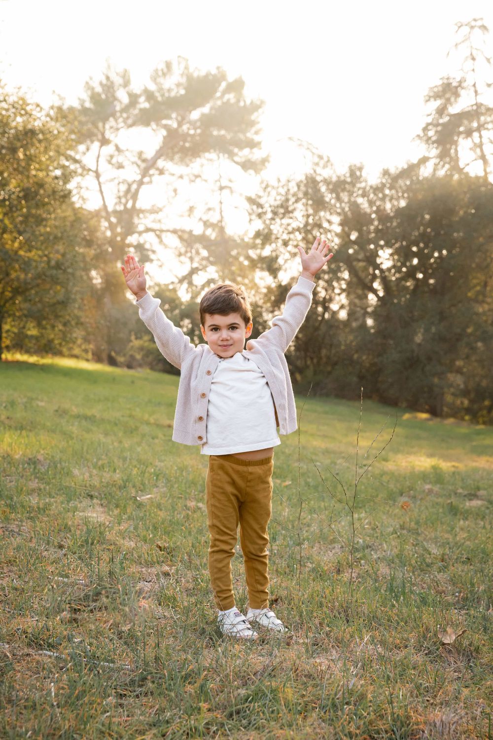 Cheerful young boy with arms raised joyfully standing in a sunlit grassy park.