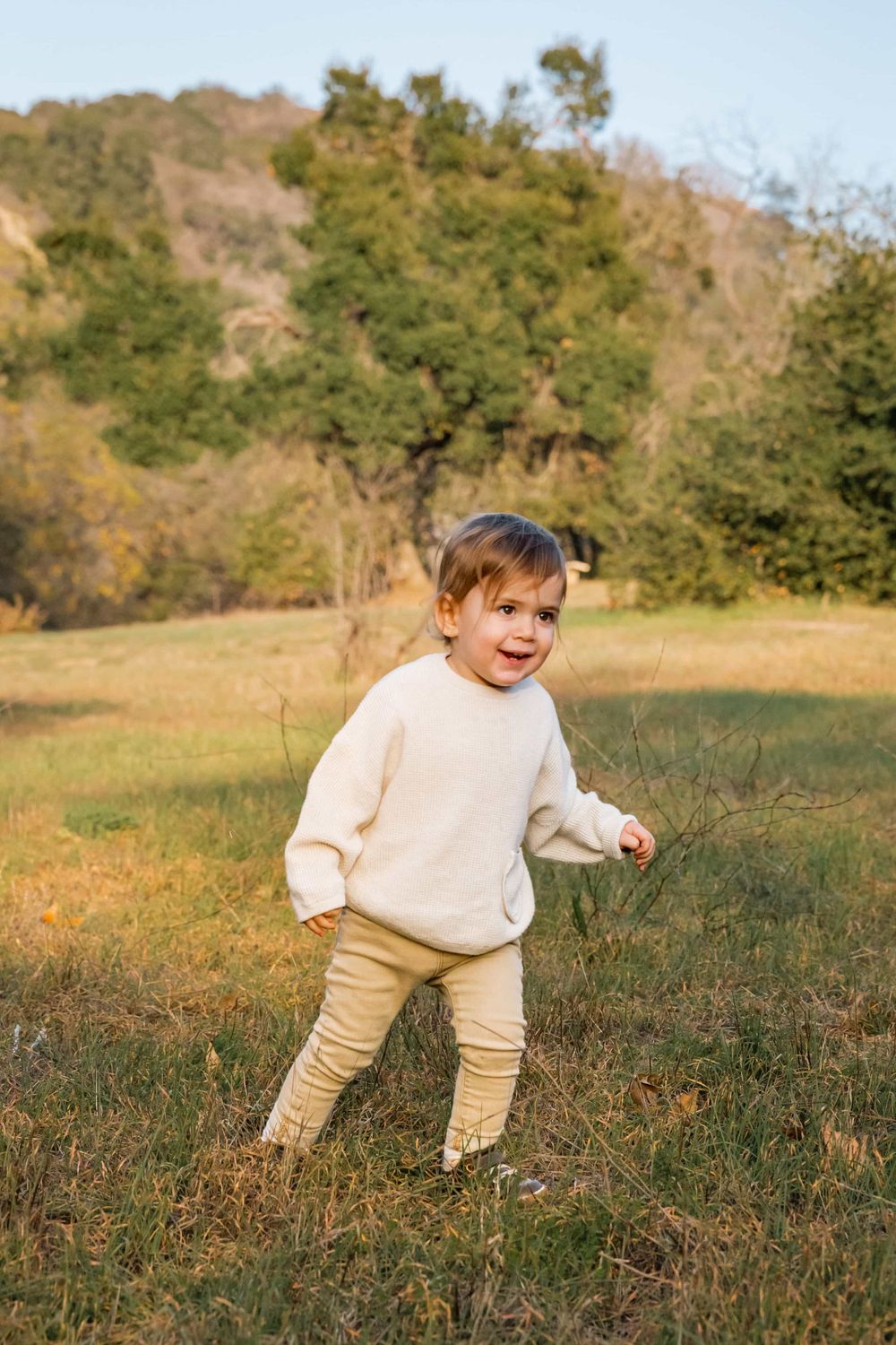 Toddler in cream sweater and tan pants plays in a sunlit grassy field with trees in background.