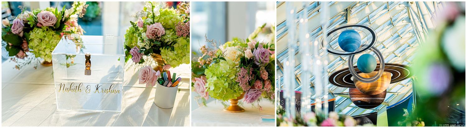 Wedding decor details with crystal glassware and fresh floral arrangements in soft lighting.