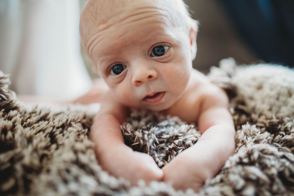 Small baby rests on a soft brown textured blanket in a close-up portrait photograph.