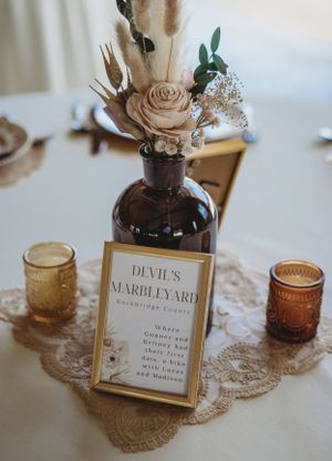 Wedding table decor featuring vintage doilies, amber glass votives, and framed table numbers.