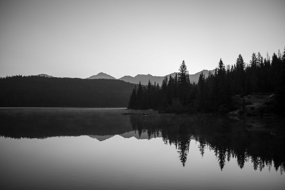 Mirror-like mountain lake reflecting pine trees and mountains in black and white.
