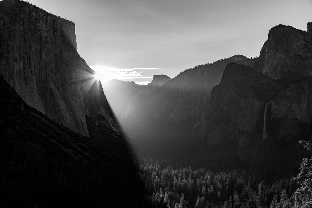 Sunburst through El Capitan and Half Dome in Yosemite Valley captured in black and white.