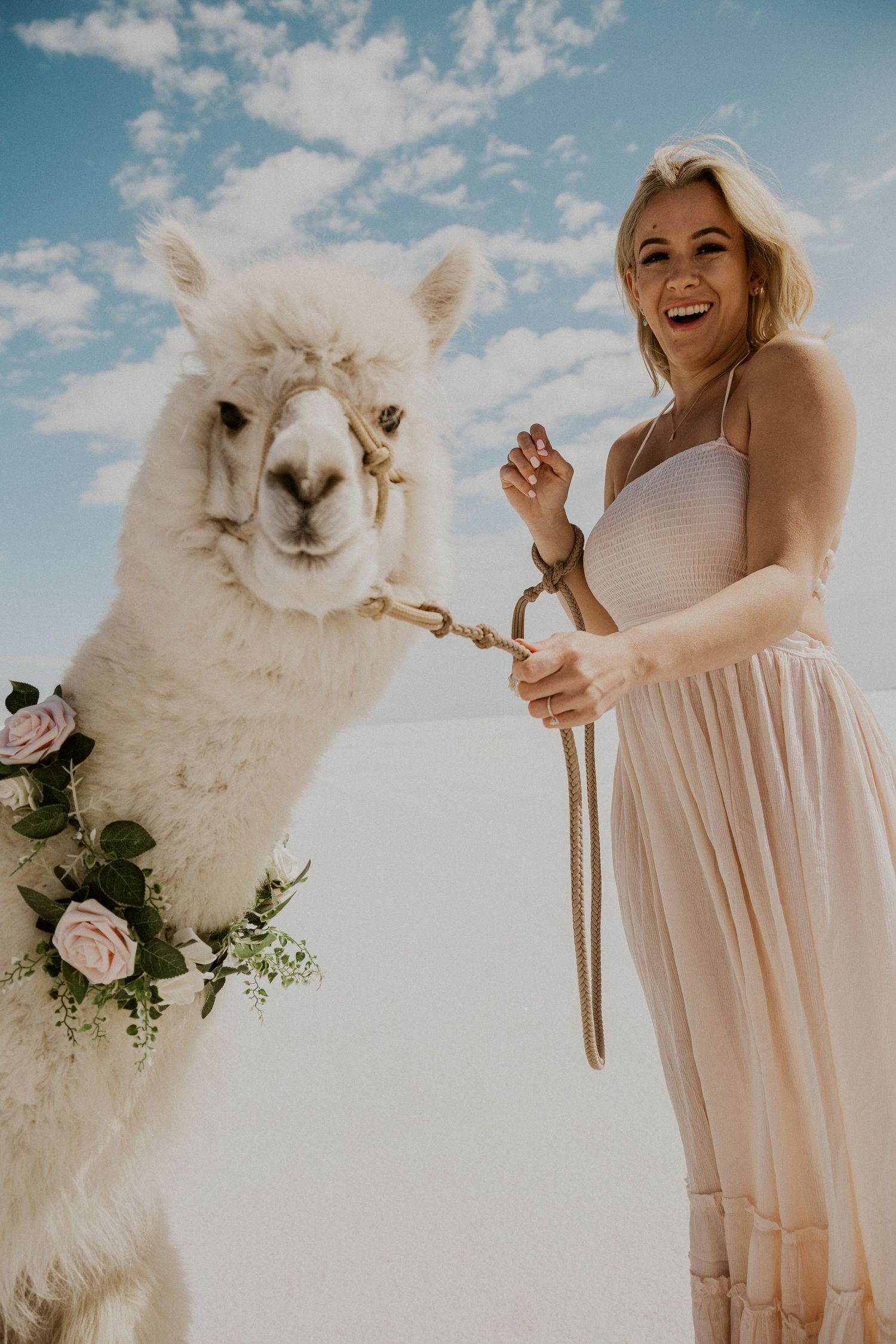 Laughing woman in a pink maxi dress holds an alpaca with a floral necklace at the Bonneville Salt Flats in Utah. Both are looking at camera