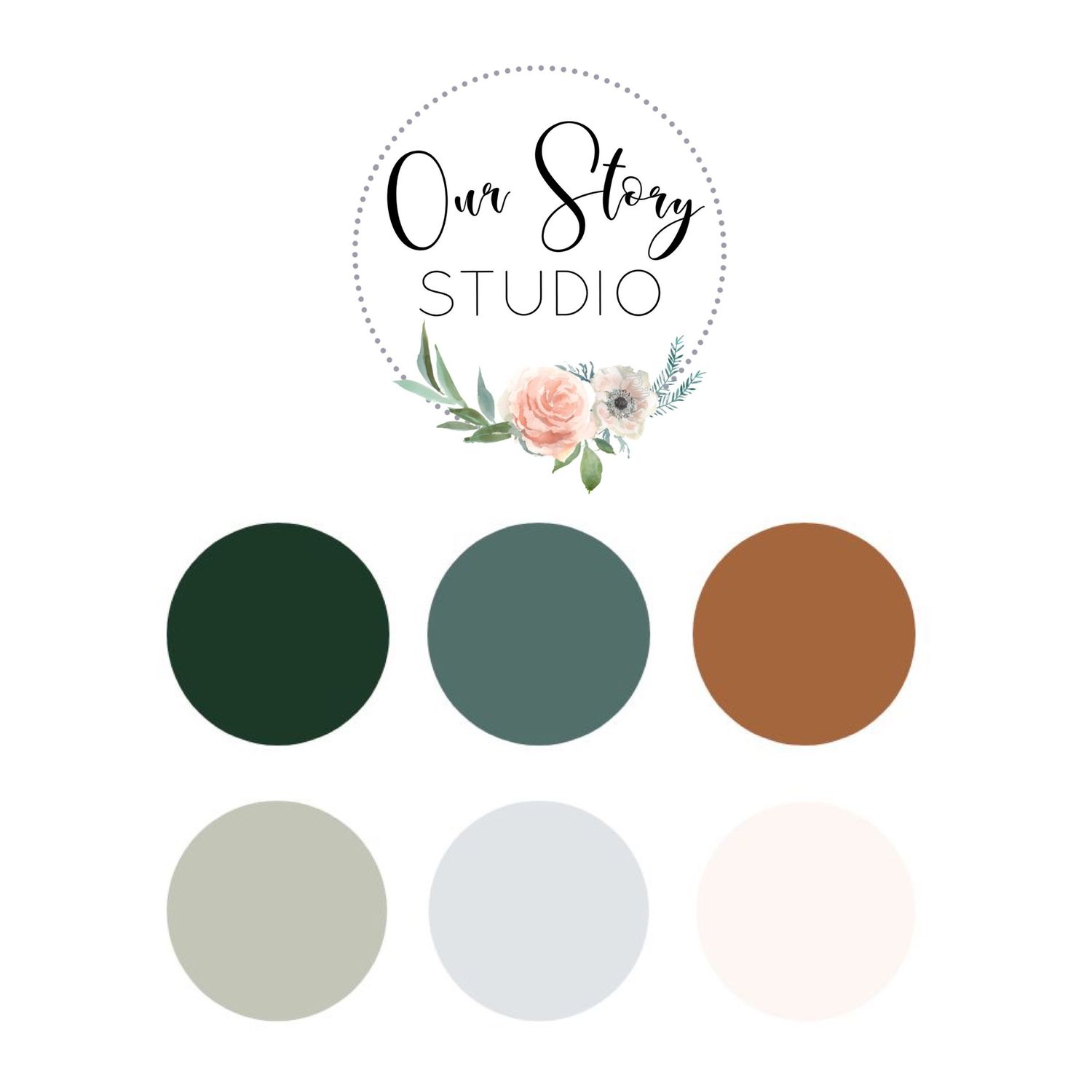 Logo design featuring floral wreath with roses and text 'Our Story Studio' with color palette swatches.
