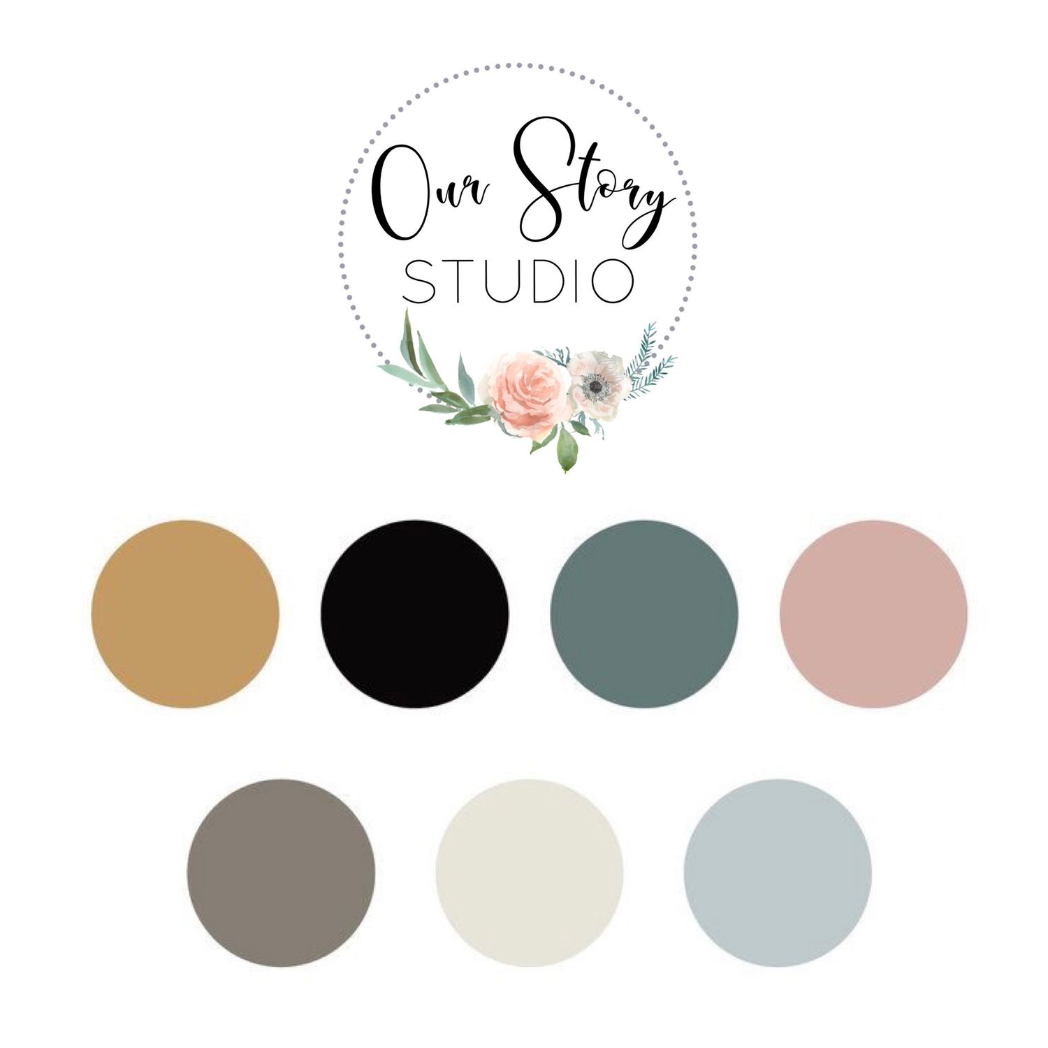 Elegant brand logo with floral design and muted color palette featuring tan, black, sage green, and blush pink tones.