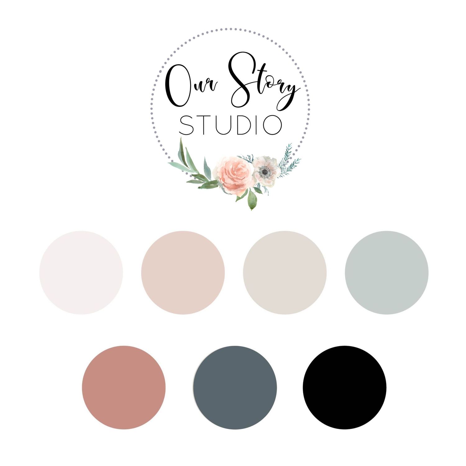 Minimalist color palette featuring soft blush, cream, sage and black tones with floral logo design.