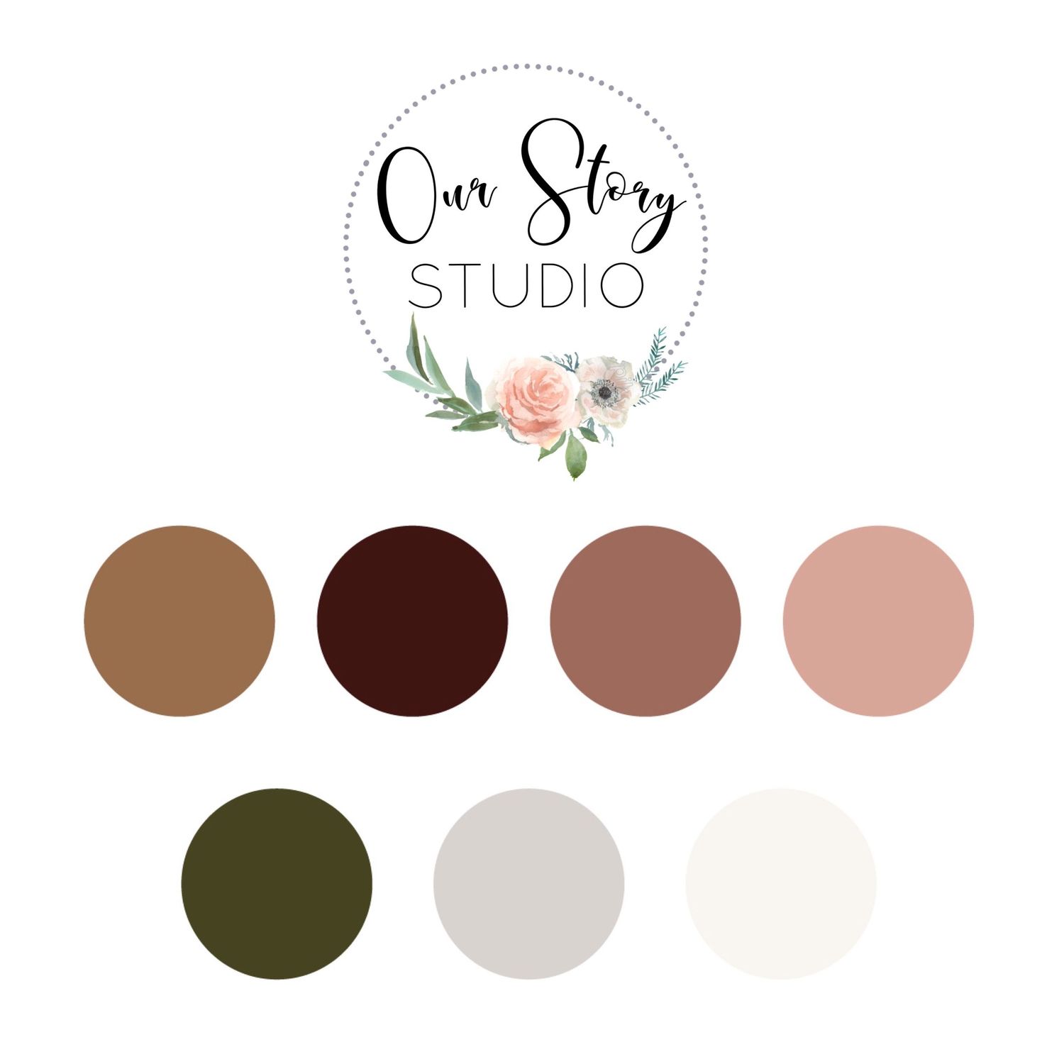 Brand color scheme with warm browns, burgundy, olive green and cream tones arranged in circular swatches.