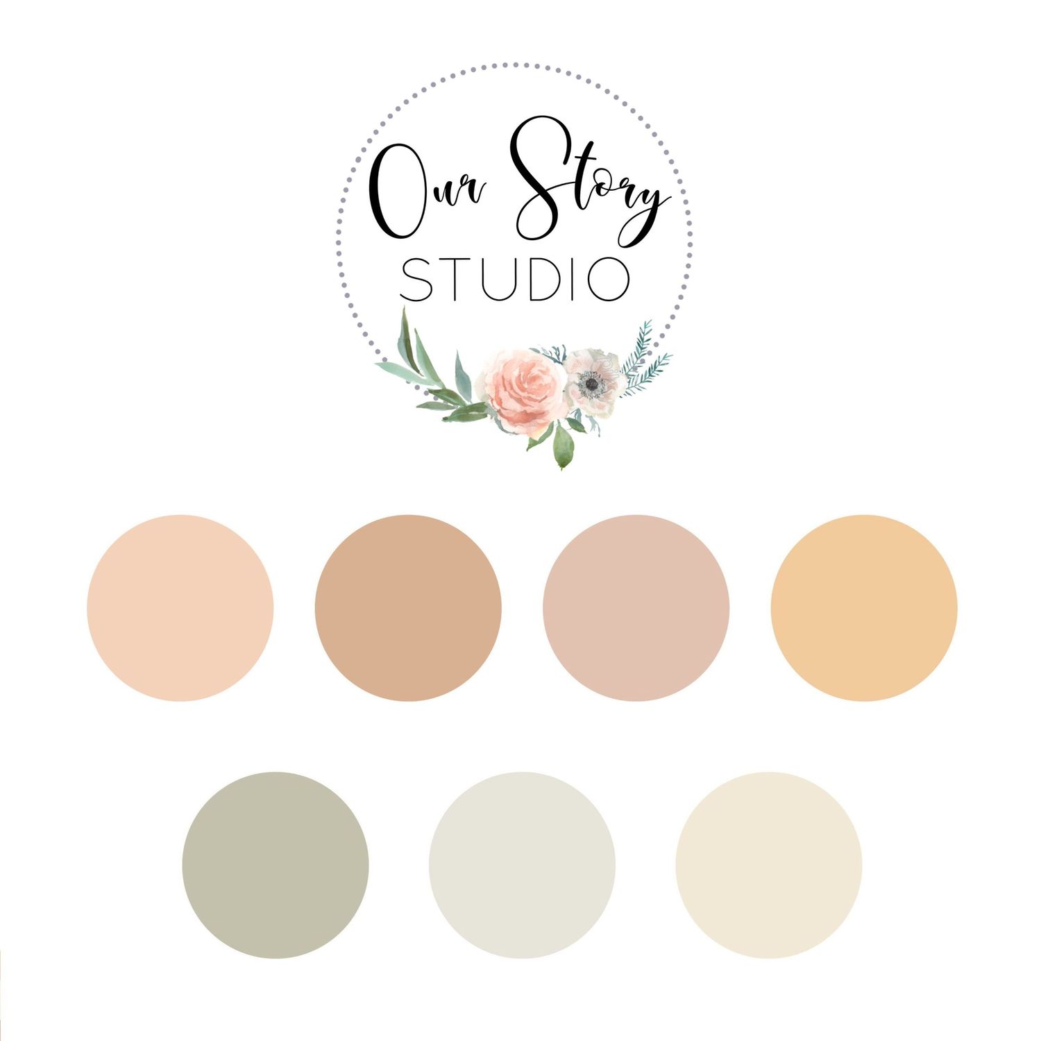 Neutral color scheme featuring peachy pinks, warm beige, and soft sage tones with floral logo design.