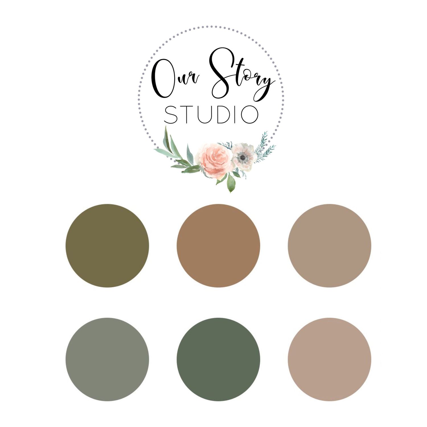 Earth-toned color palette with olive greens and warm browns arranged in circular swatches.