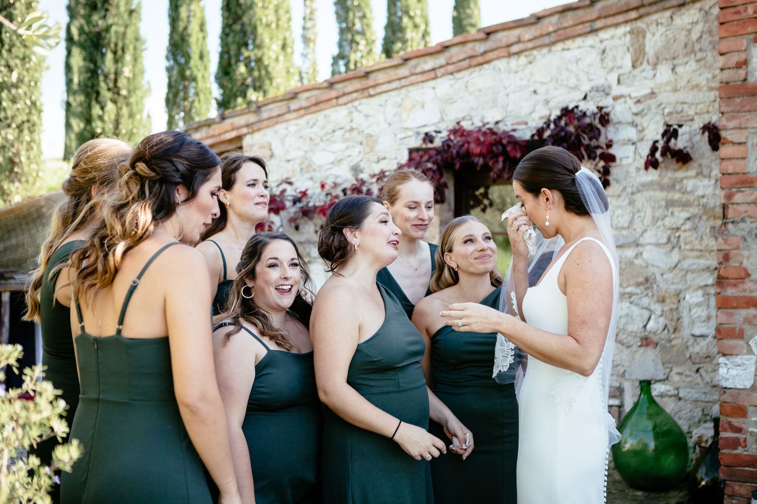 A tearful reaction to bride's dress reveal.