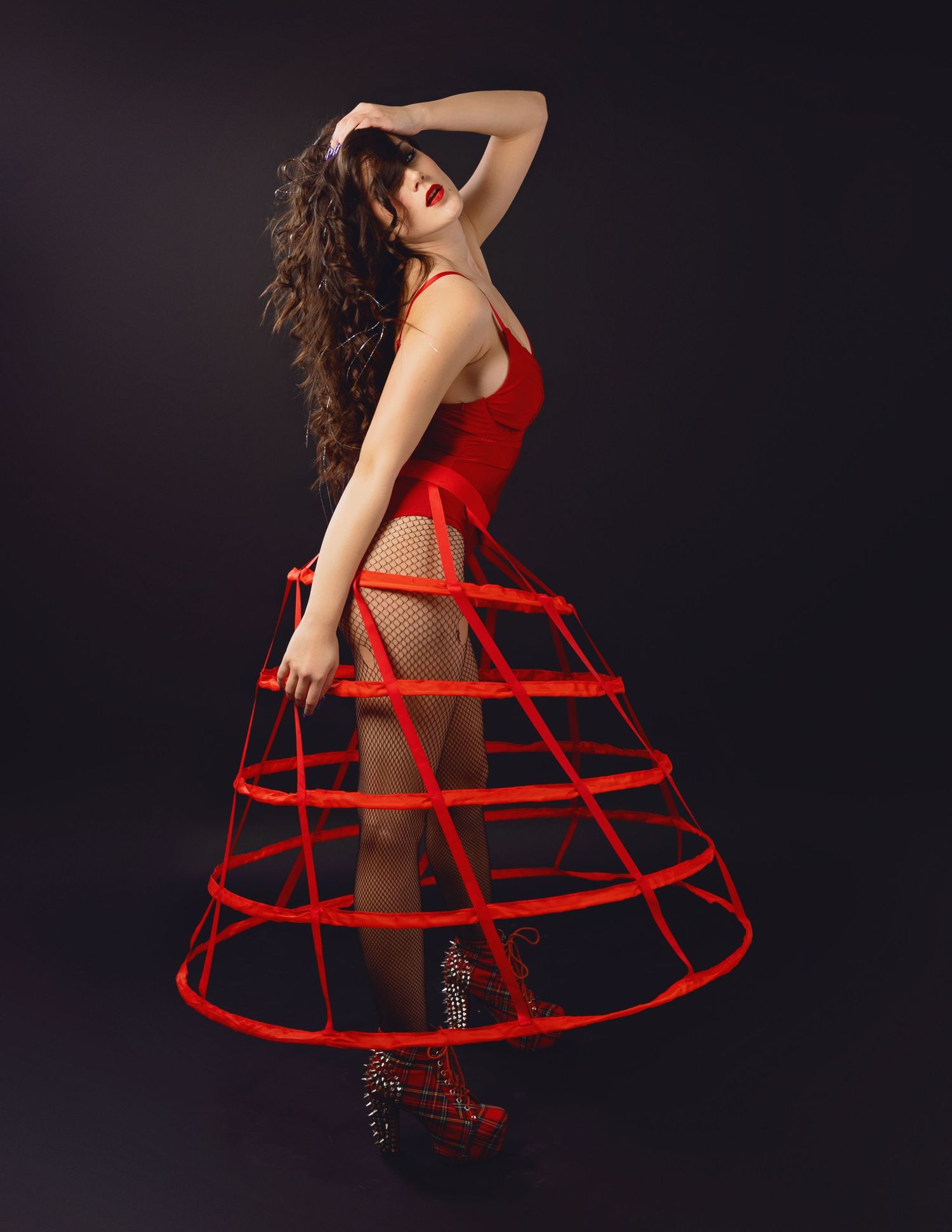Editorial shoot with hoop skirt and platform heels