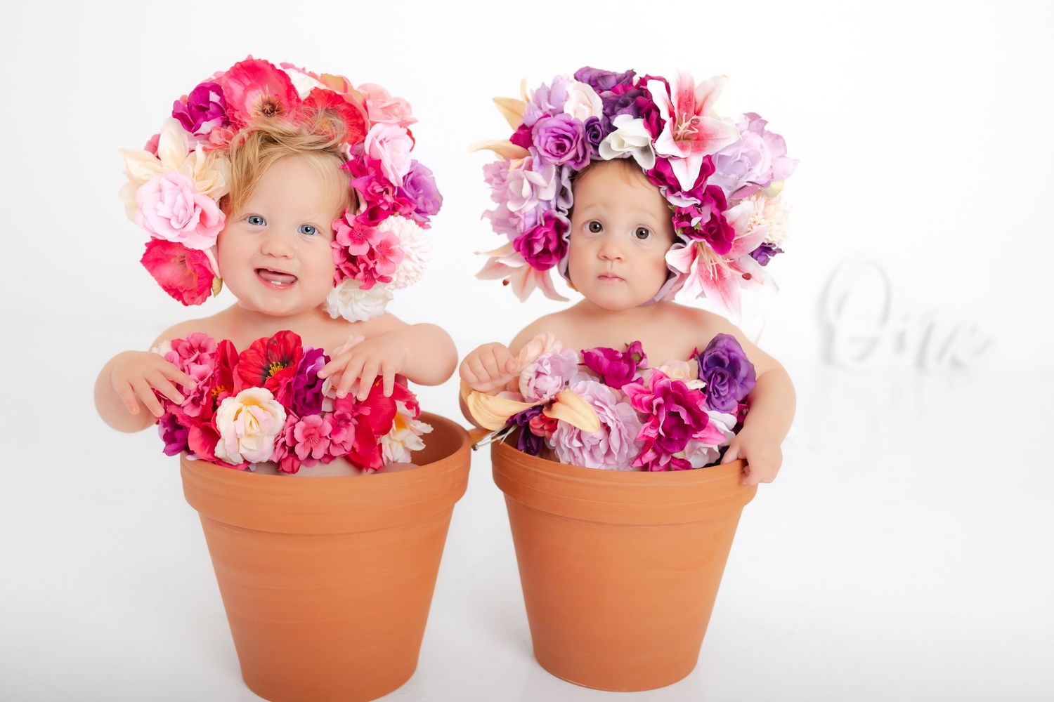 Two terracotta flower pots with colorful pink and purple floral arrangements displayed on a white background.